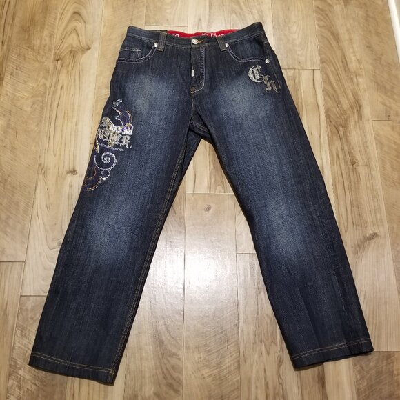 Vtg Crown Holder Jeans Mens 38 Button Fly Denim Embellished Hip Hop Y2K 39x32 - Picture 1 of 15